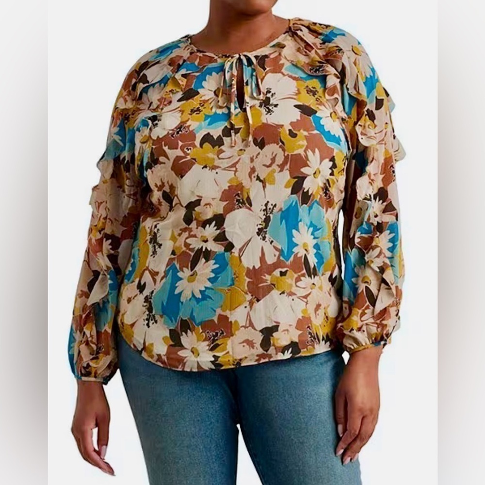 Lauren Ralph Lauren Floral Blouse. Size: 1X. NWT. Poly Crinkle Ggt 58-maygi